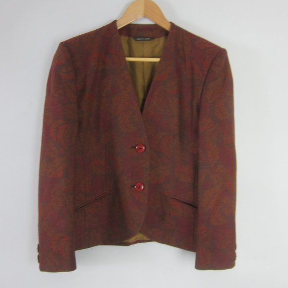 Vtg Aquascutum Womens M Maroon Red Brown Leaf Print 100% Wool Blazer Jacket - Picture 1 of 11